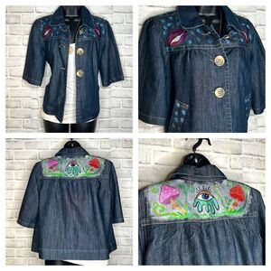 Baccini UpCycled Hand Painted Button Down 3/4 Sleeve Jean Jacket Size Medium